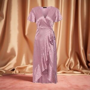 Simplee Pink Satin Leopard Wrap Dress – Size XL   romantic maxi NEW
